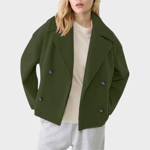 Pea Coats for Women Womens Wool Blend Short Cropped Double Breasted Notched Stand Collar Cropped Trench Coat