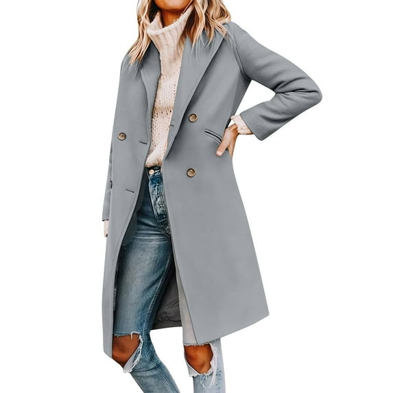 Pea Coats for Women, Yigetop Womens Notched Lapel Collar Double Breasted Coat Winter Wool Blend Over Coats Long Jackets Coats for Women 2025 Grey L