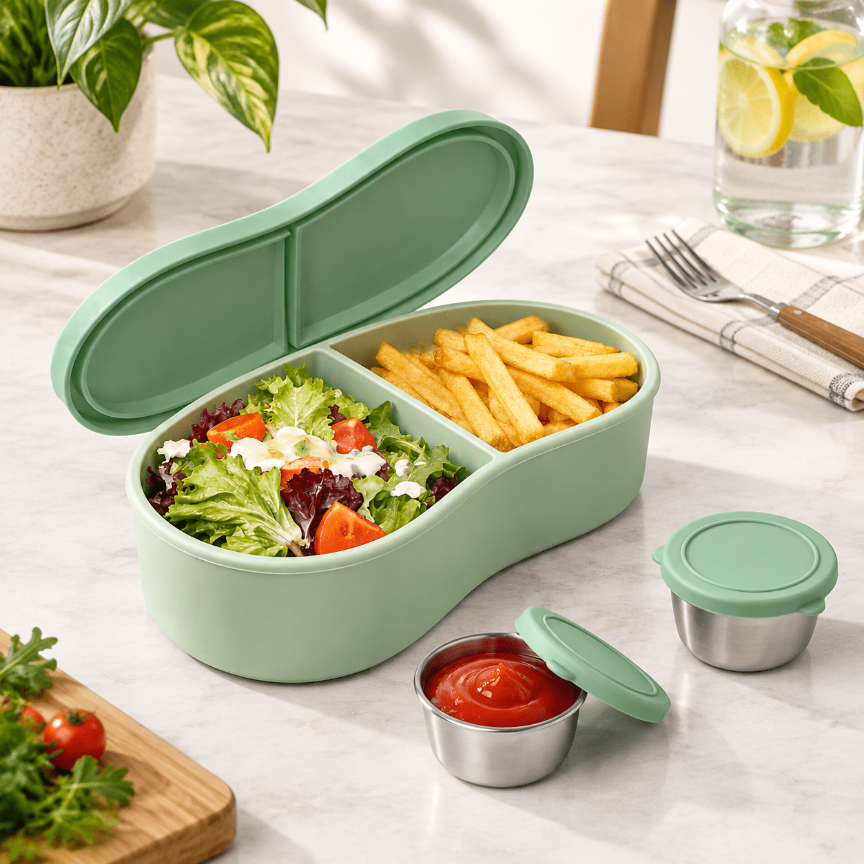 Pea Green 800ml Silicone Bento Lunch Box Set with 2 Sauce Containers ...