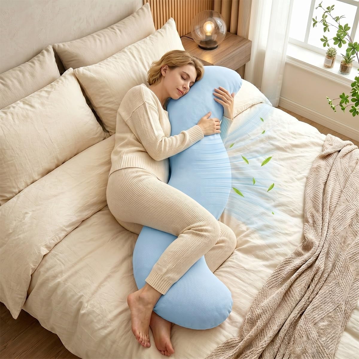 Pea Pod Body Pillow for Adults, Bolster Side Sleeper Hot, Ergonomic Cuddle Knee Pillow, Long Couch Hugging Cooling Full-Body, Comfort Huge Companion, Lumbar Support Sleeping, Memory Foam(Blue)