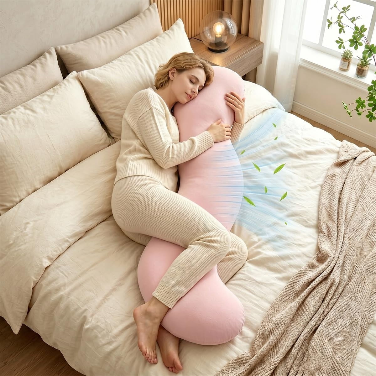 Pea Pod Body Pillow for Adults, Bolster Side Sleeper Hot, Ergonomic Cuddle Knee Pillow, Long Couch Hugging Cooling Full-Body, Comfort Huge Companion, Lumbar Support Sleeping, Memory Foam(Pink)