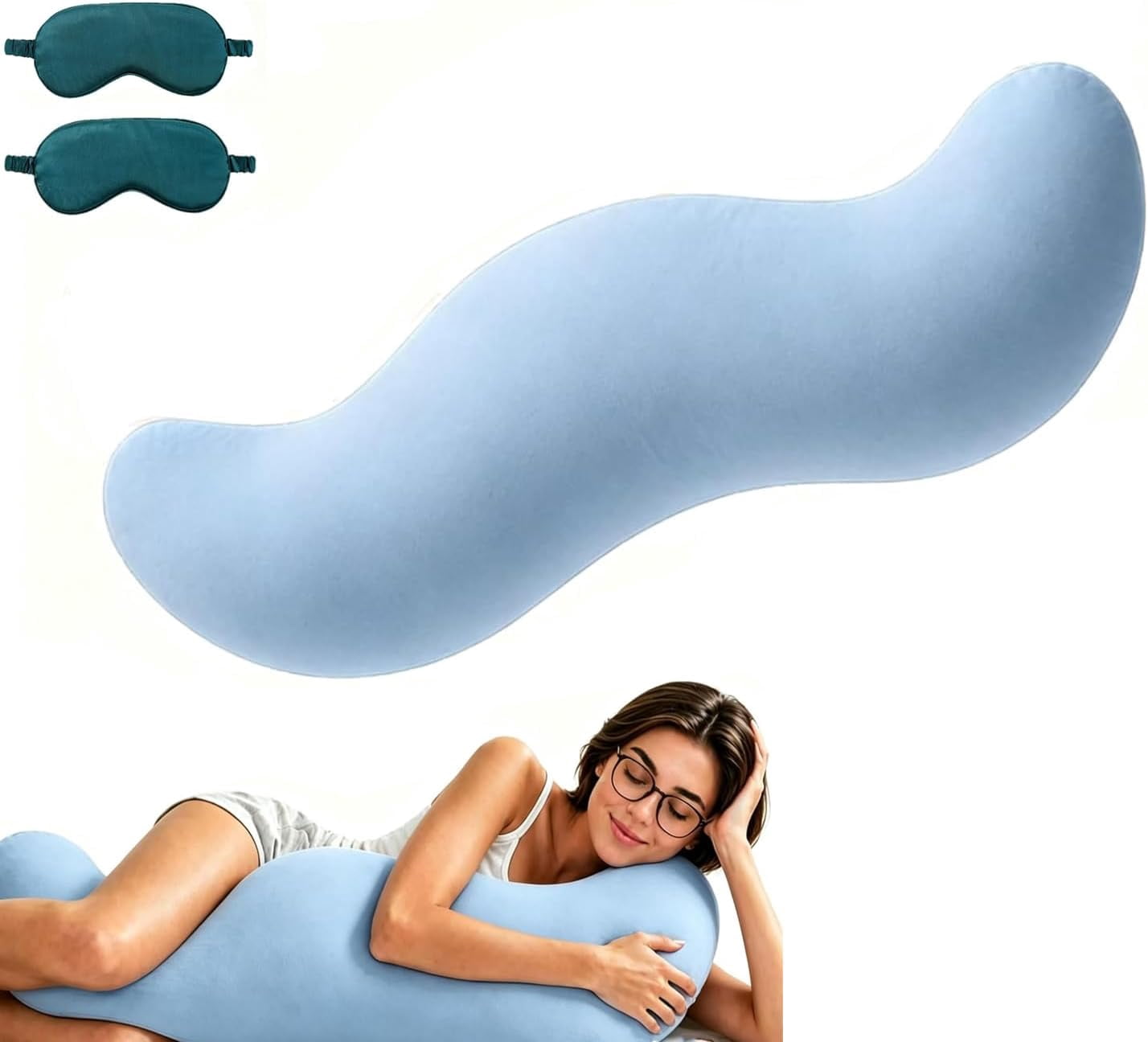 Pea Pod Body Pillow for Side Sleeper, Double Curve Design for Hip & Leg Support, Long Bolster Hug Pillow with Cooling Fabric, for Adults (Blue, 80cm/32in)