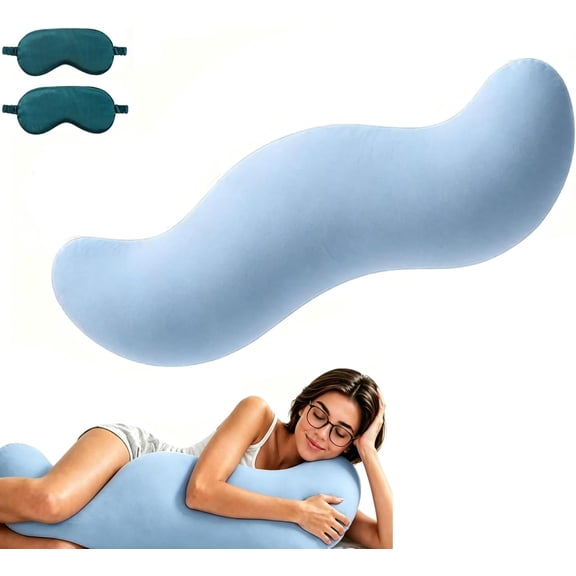 Pea Pod Body Pillow for Side Sleeper, Double Curve Design for Hip & Leg Support, Long Bolster Hug Pillow with Cooling Fabric, for Adults (Blue, 80cm/32in)