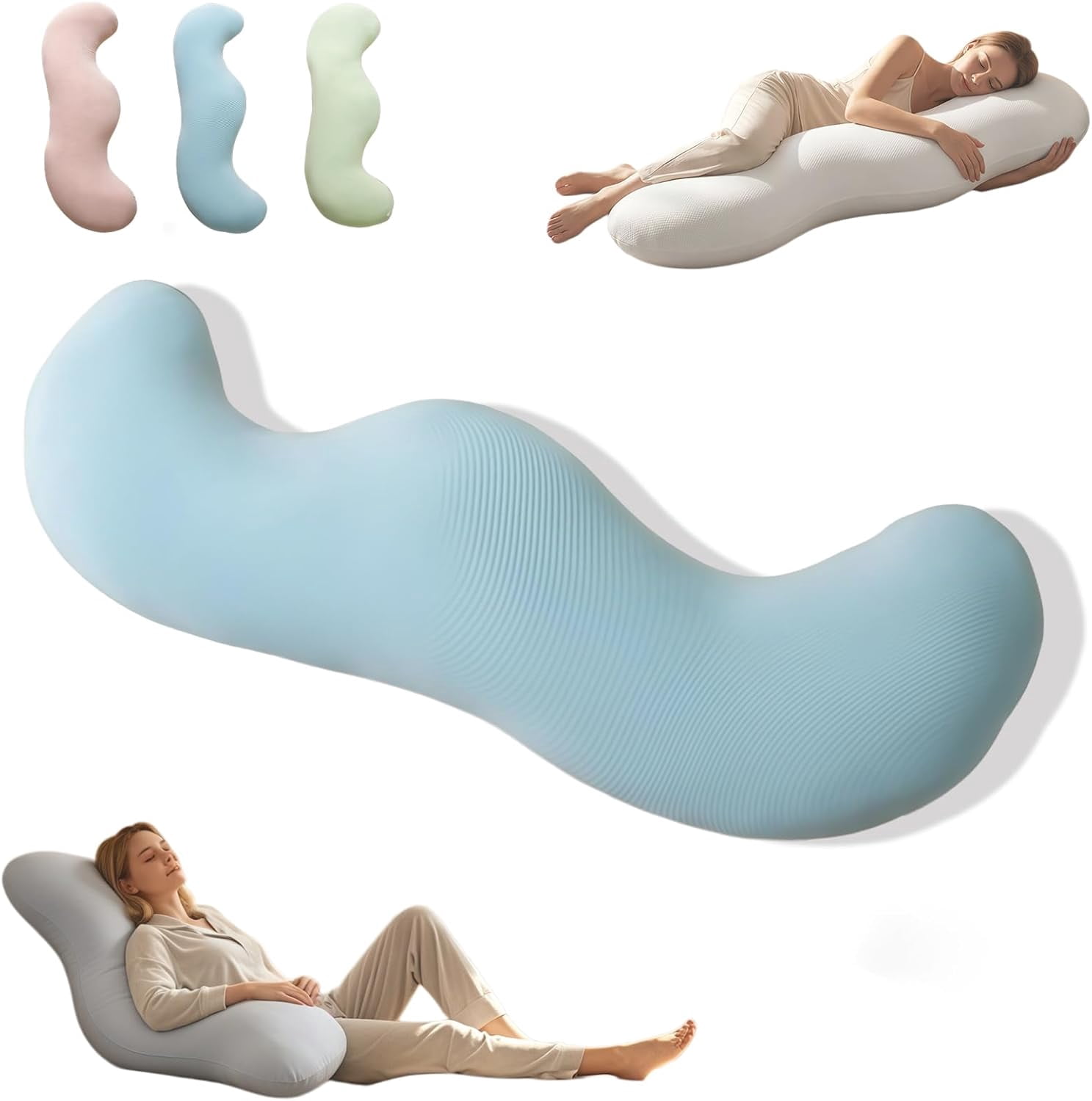 Pea Pod Body Pillow for Side Sleeper, Double Wave Curve Side Sleeper Pillow, Ergonomic, Cooling Side Sleeper Body Pillow, Full Body Support Pillow for Arms, Hips & Knees (80cm-Blue)