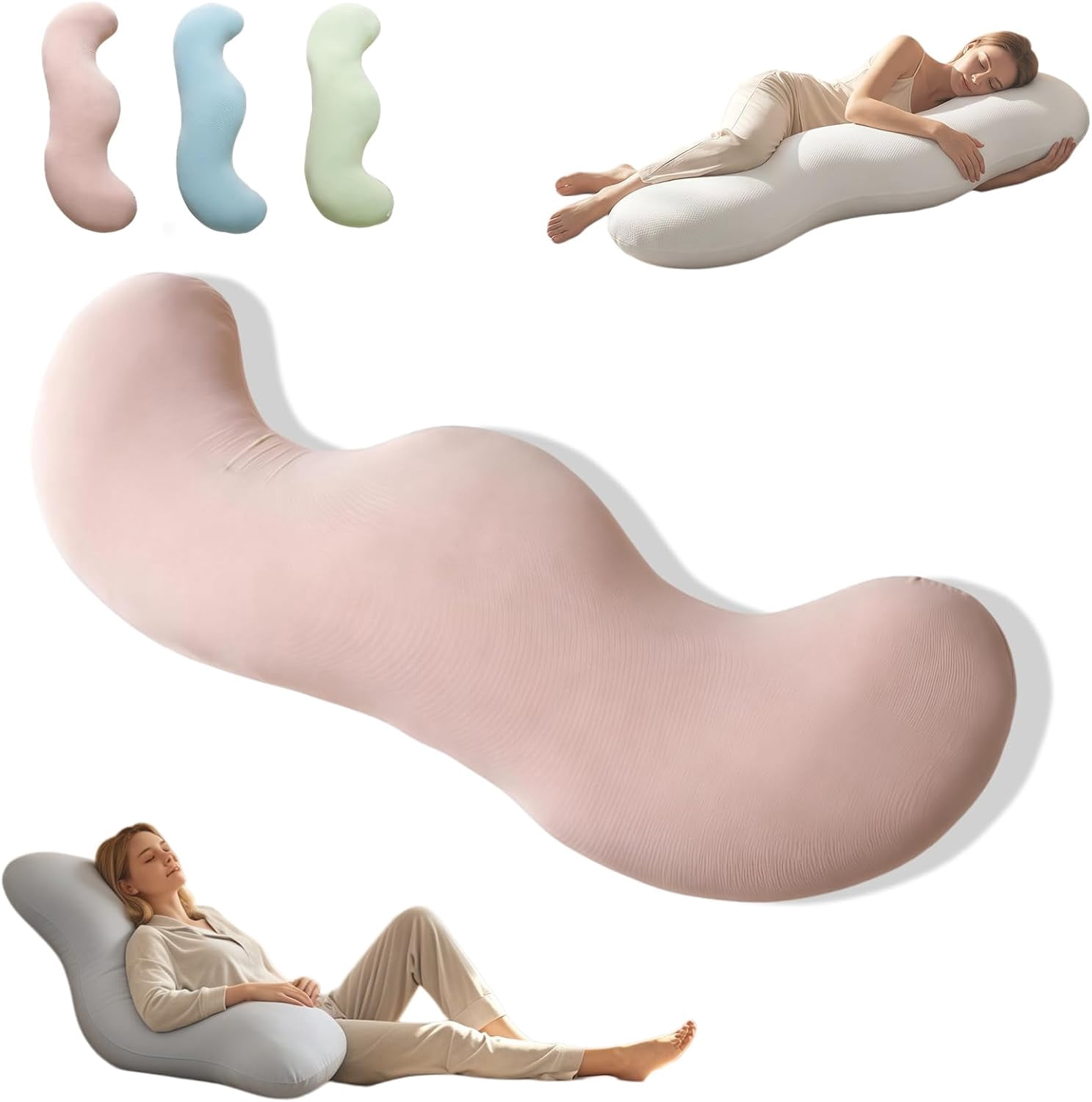 Pea Pod Body Pillow for Side Sleeper, Double Wave Curve Side Sleeper Pillow, Ergonomic, Cooling Side Sleeper Body Pillow, Full Body Support Pillow for Arms, Hips & Knees (110cm-Pink)