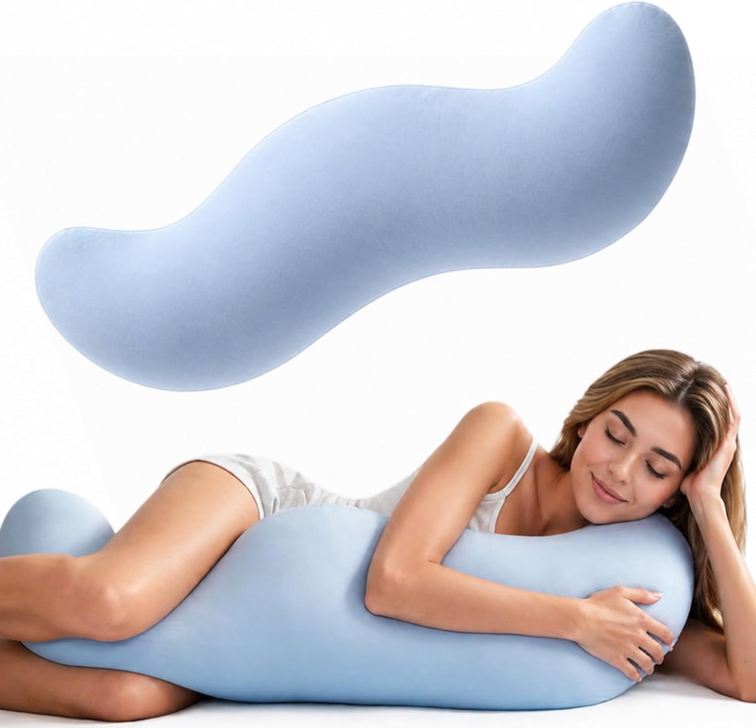 Pea Pod Body Pillow for Side Sleeper, Ergonomic Double Curve Design for Hip & Leg Support, Full Body Comfort Pillow for Back & Neck, Secure Fit Between Knees (Blue)