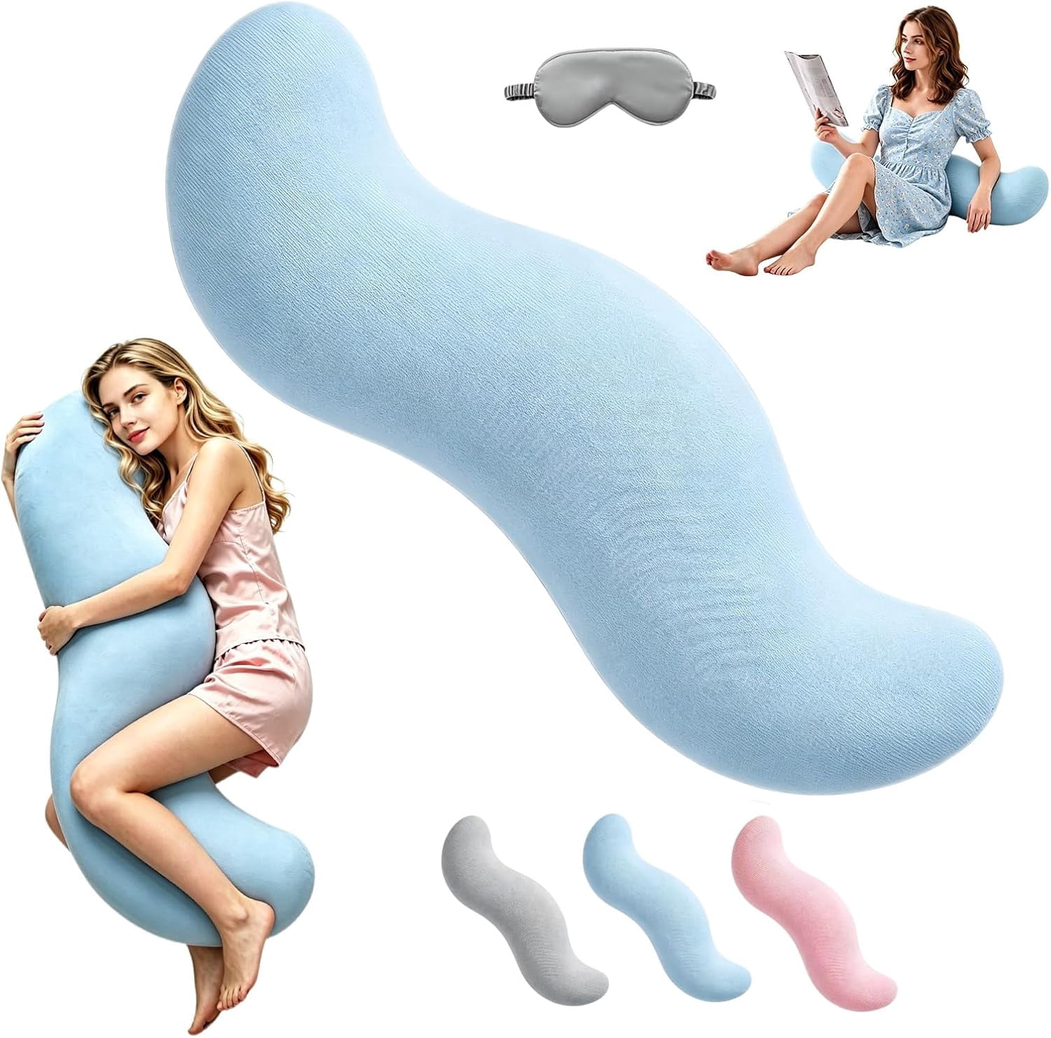 Pea Pod Body Pillow for Side Sleeper, Ergonomic Double Curve Pod Full Body Pillows, Cooling Full Comfort Pillow for Back & Neck, Secure Fit Between Knees and Washable Cover(Blue,M)