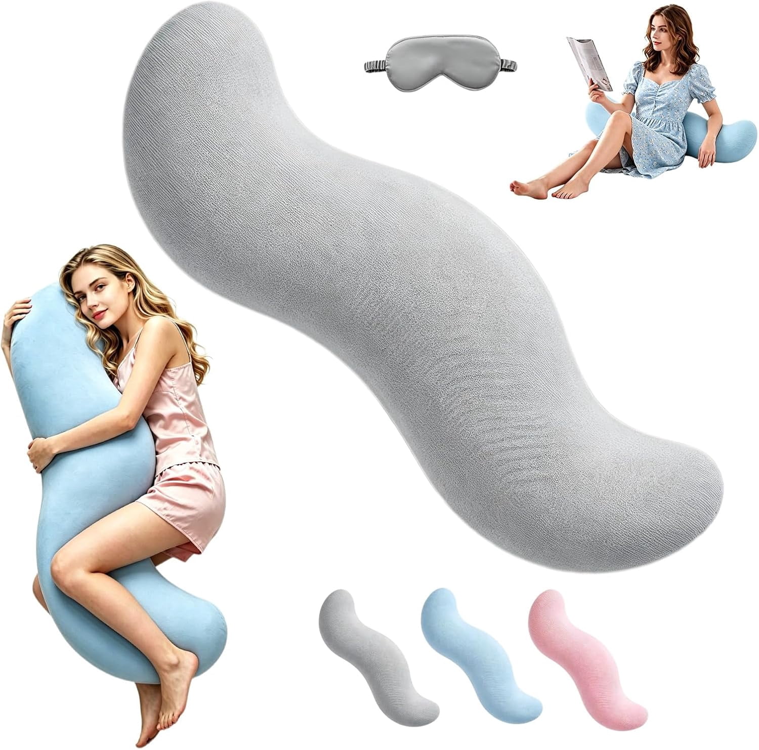Pea Pod Body Pillow for Side Sleeper, Ergonomic Double Curve Pod Full Body Pillows, Cooling Full Comfort Pillow for Back & Neck, Secure Fit Between Knees and Washable Cover(Gray,S)