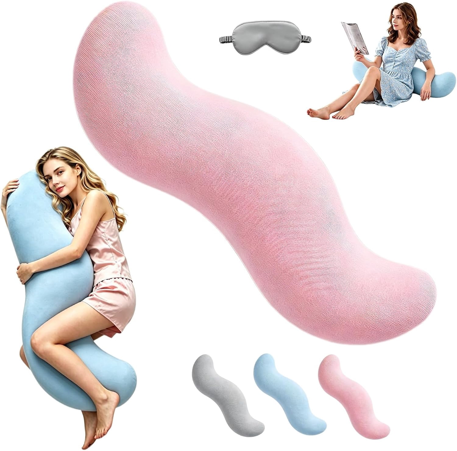 Pea Pod Body Pillow for Side Sleeper, Ergonomic Double Curve Pod Full Body Pillows, Cooling Full Comfort Pillow for Back & Neck, Secure Fit Between Knees and Washable Cover(Pink,S)