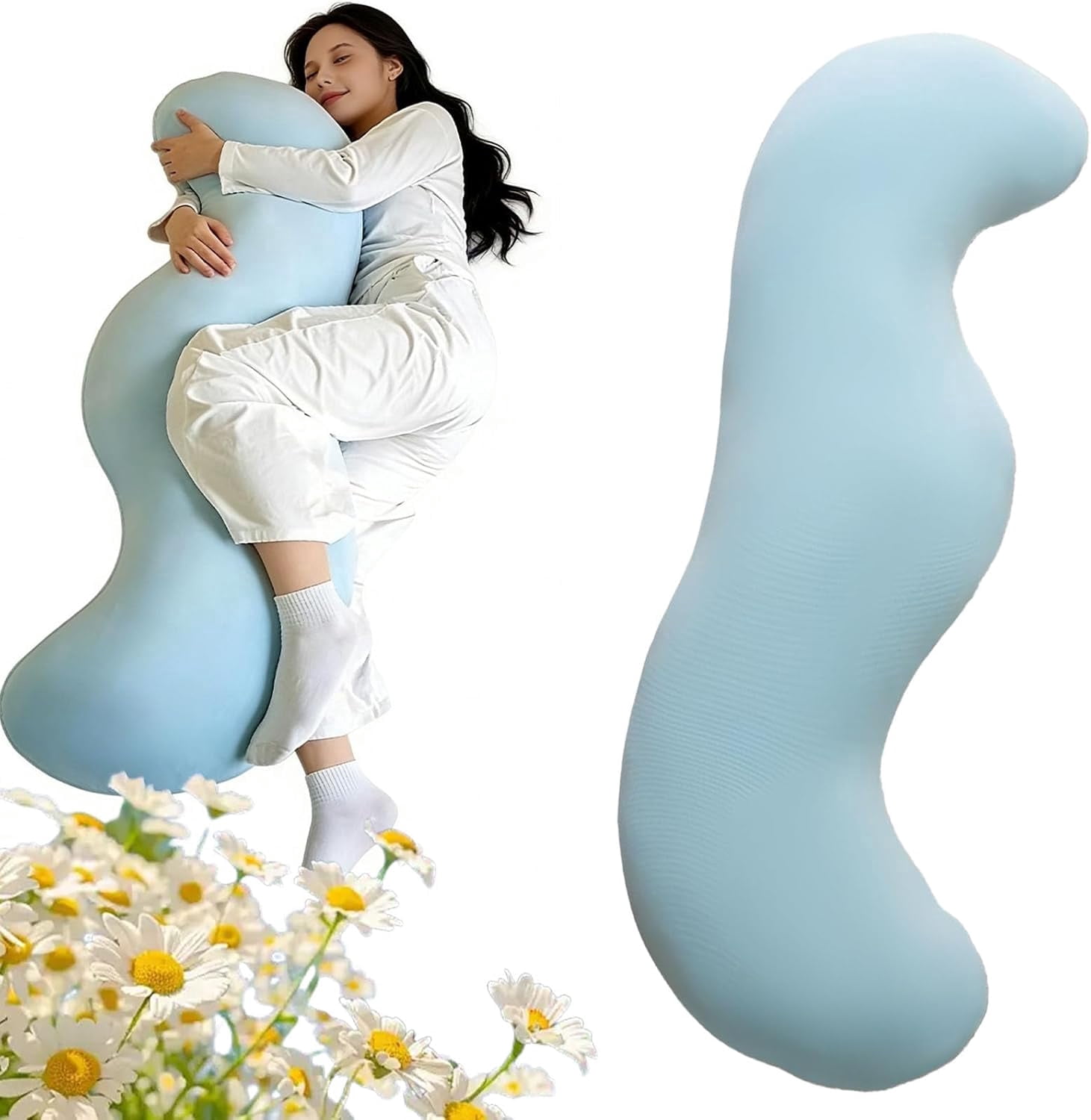 JEBTBFZE Pea Pod Body Pillow for Side Sleepers, S-Shaped Cooling Full Body Support Hug Pillow with Removable Cover(Blue, 80cm)