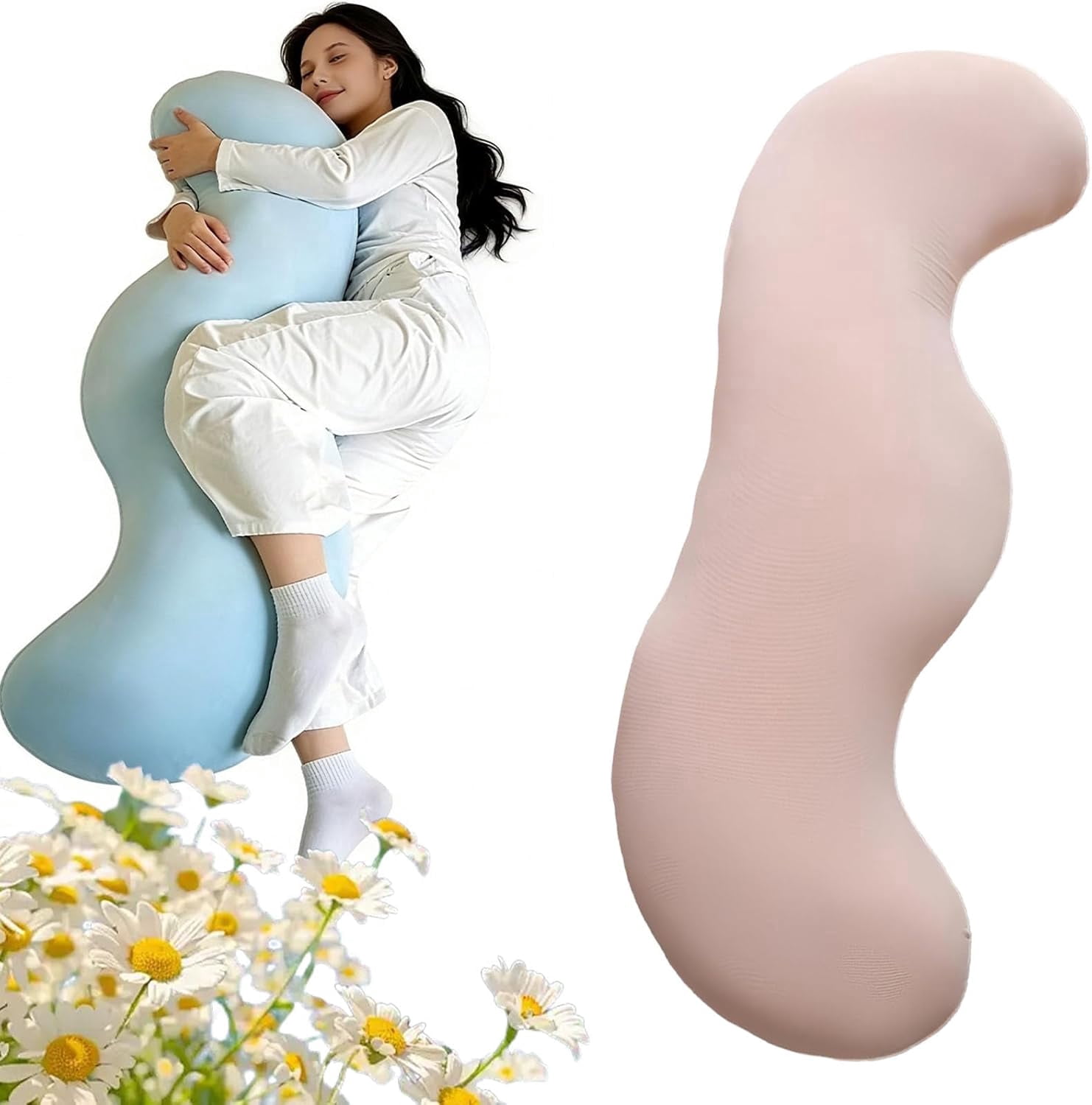 JEBTBFZE Pea Pod Body Pillow for Side Sleepers, S-Shaped Cooling Full Body Support Hug Pillow with Removable Cover (Pink, 120cm)