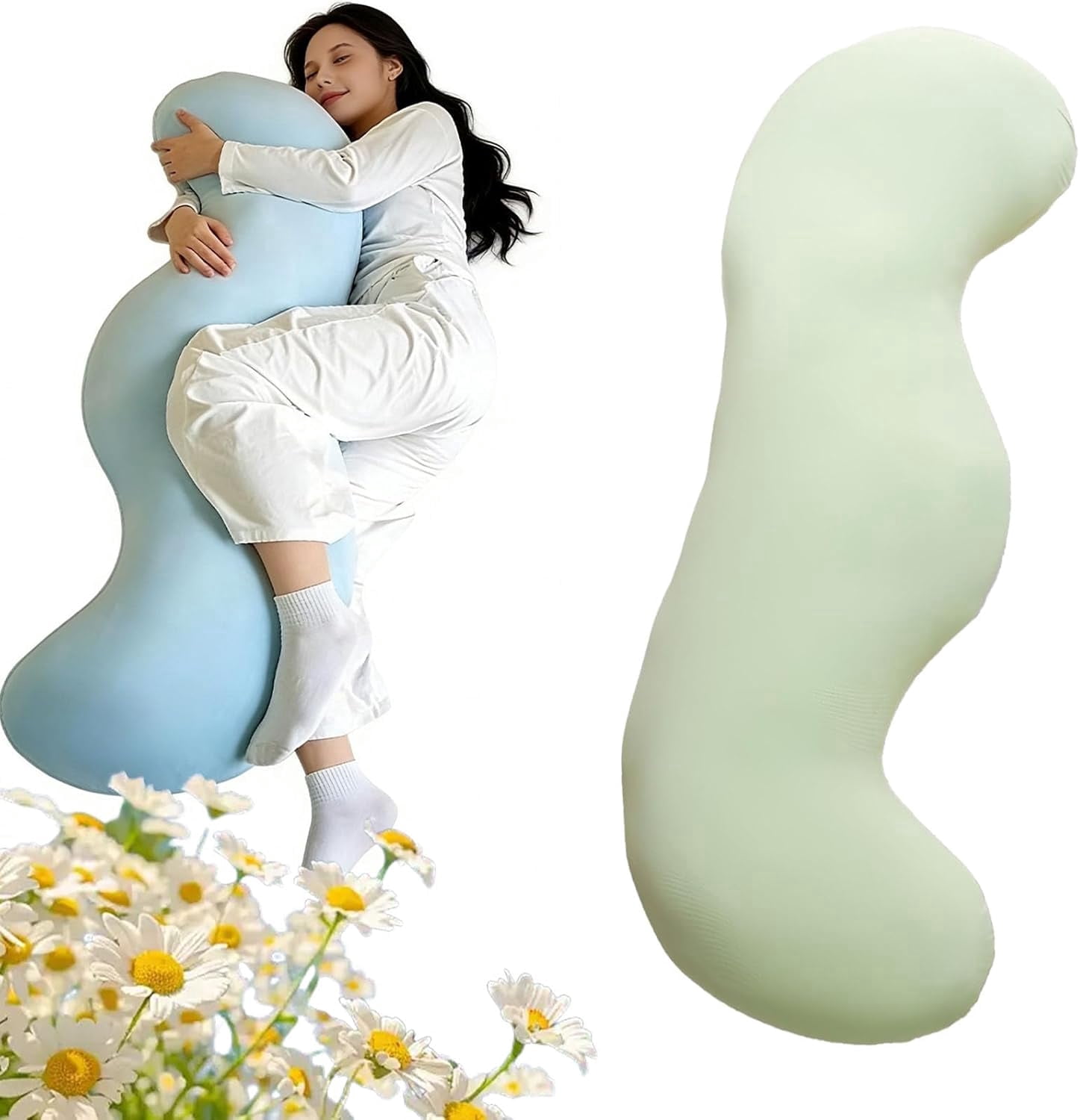 JEBTBFZE Pea Pod Body Pillow for Side Sleepers, S-Shaped Cooling Full Body Support Hug Pillow with Removable Cover (Green, 80cm)
