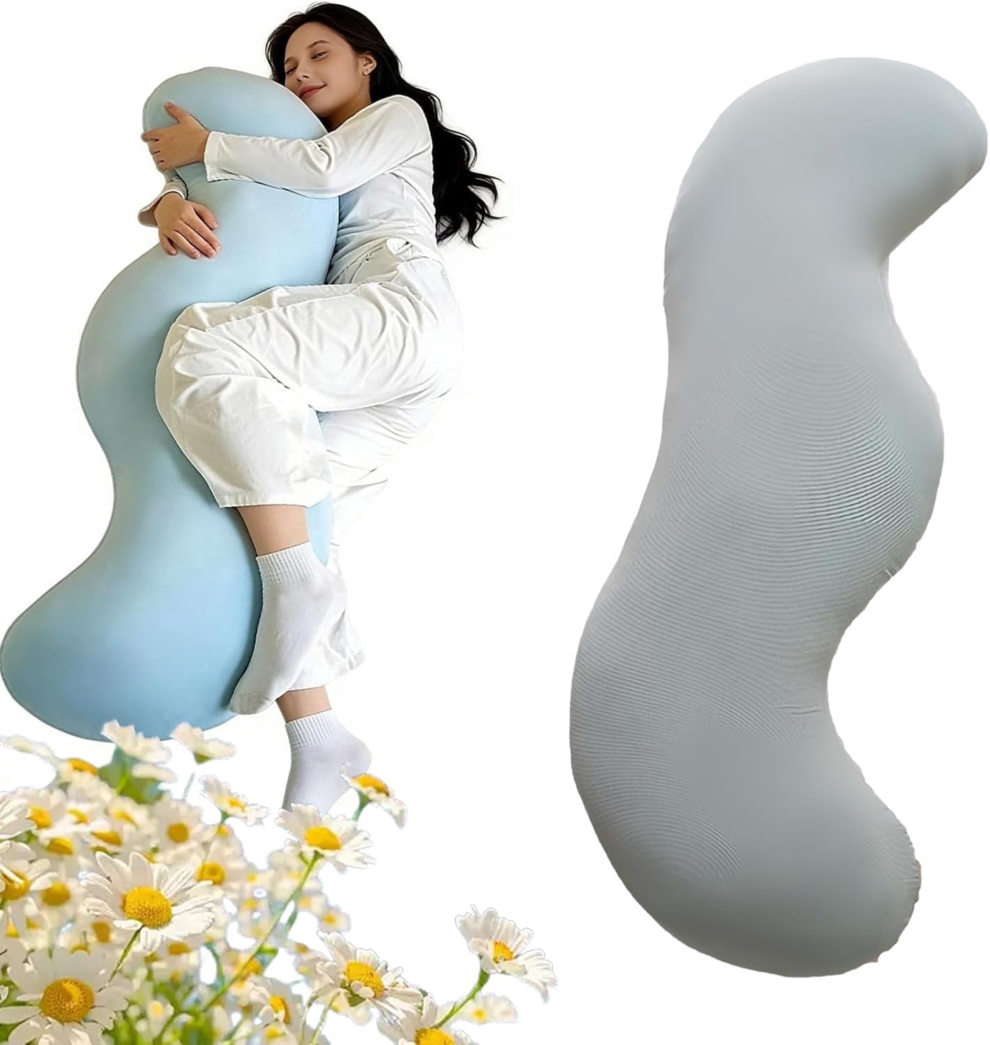 JEBTBFZE Pea Pod Body Pillow for Side Sleepers, S-Shaped Cooling Full Body Support Hug Pillow with Removable Cover (Grey, 110cm)