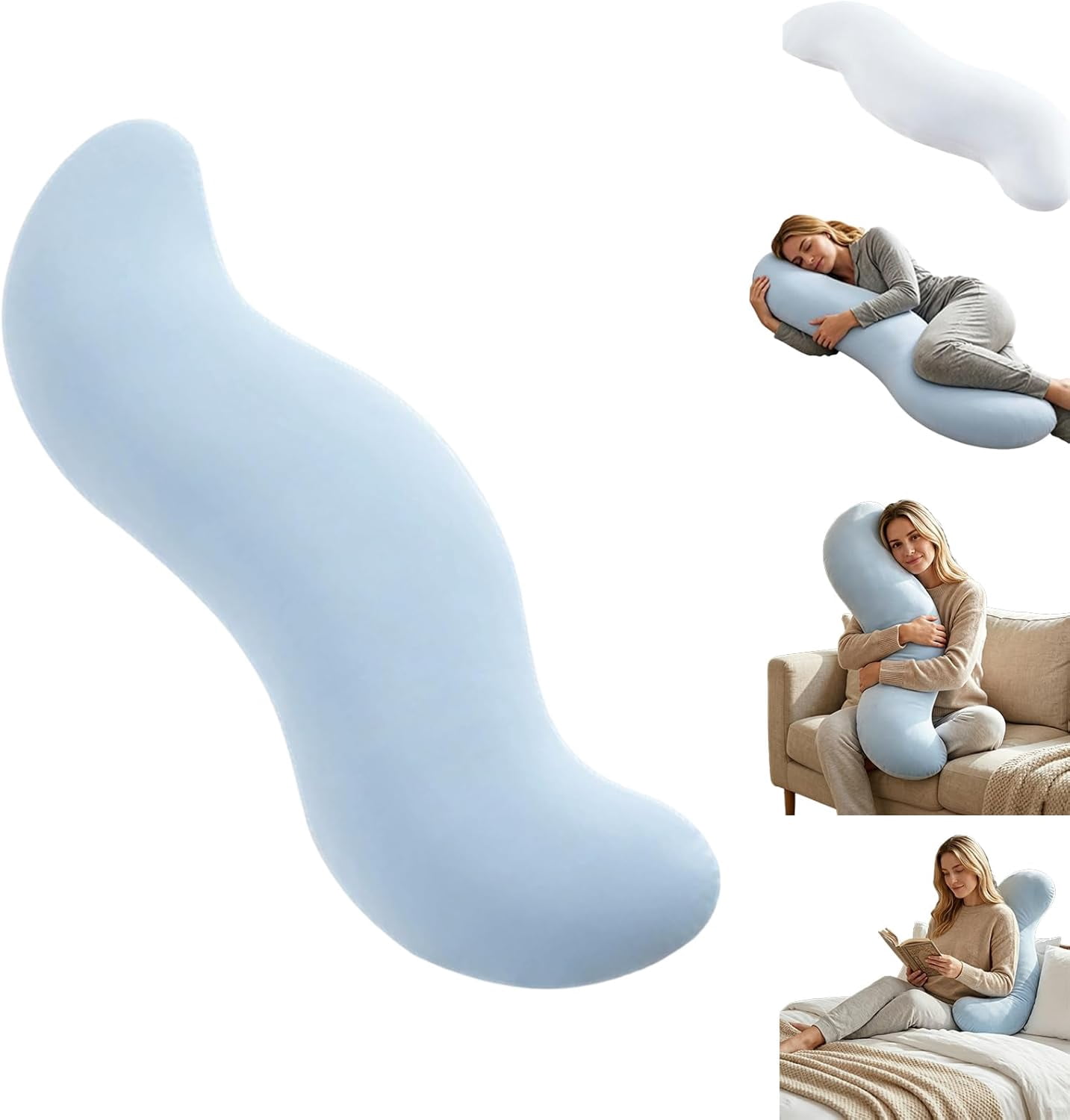 Pea Pod Body Pillow for Side Sleeper,Soft Cooling Long Bolster Hug Pillow,Ergonomic Pea Pod Full Body Pillows for Adults,Curved Sleep Pillows for Back Hip & Leg Support (1, Blue)