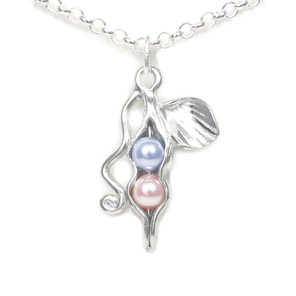 Pea Pod Necklace - Two Peas in a Pod - Handcrafted Pewter - Gift Packaged (Pearls- 1st Blue, 2nd Pink)