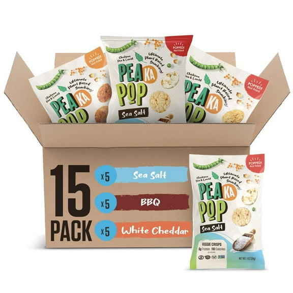 PeaKaPop Veggie Chips - Plant-Based, MDA05Healthy Veggie Crisps with Chickpea Protein - Vegan, Gluten-Free, Popped Chips - Snack Size for Kids & Adults - 1 oz Bags (15-Pack) - Variety Pack