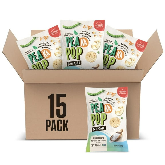 PeaKaPop Veggie Chips - Plant-Based, MDA05Healthy Veggie Crisps with Lentil & Chickpea Protein - Vegan, Gluten-Free, Popped Chips - Snack Size for Kids & Adults - 1 oz Bags (15-Pack) - Sea Salt