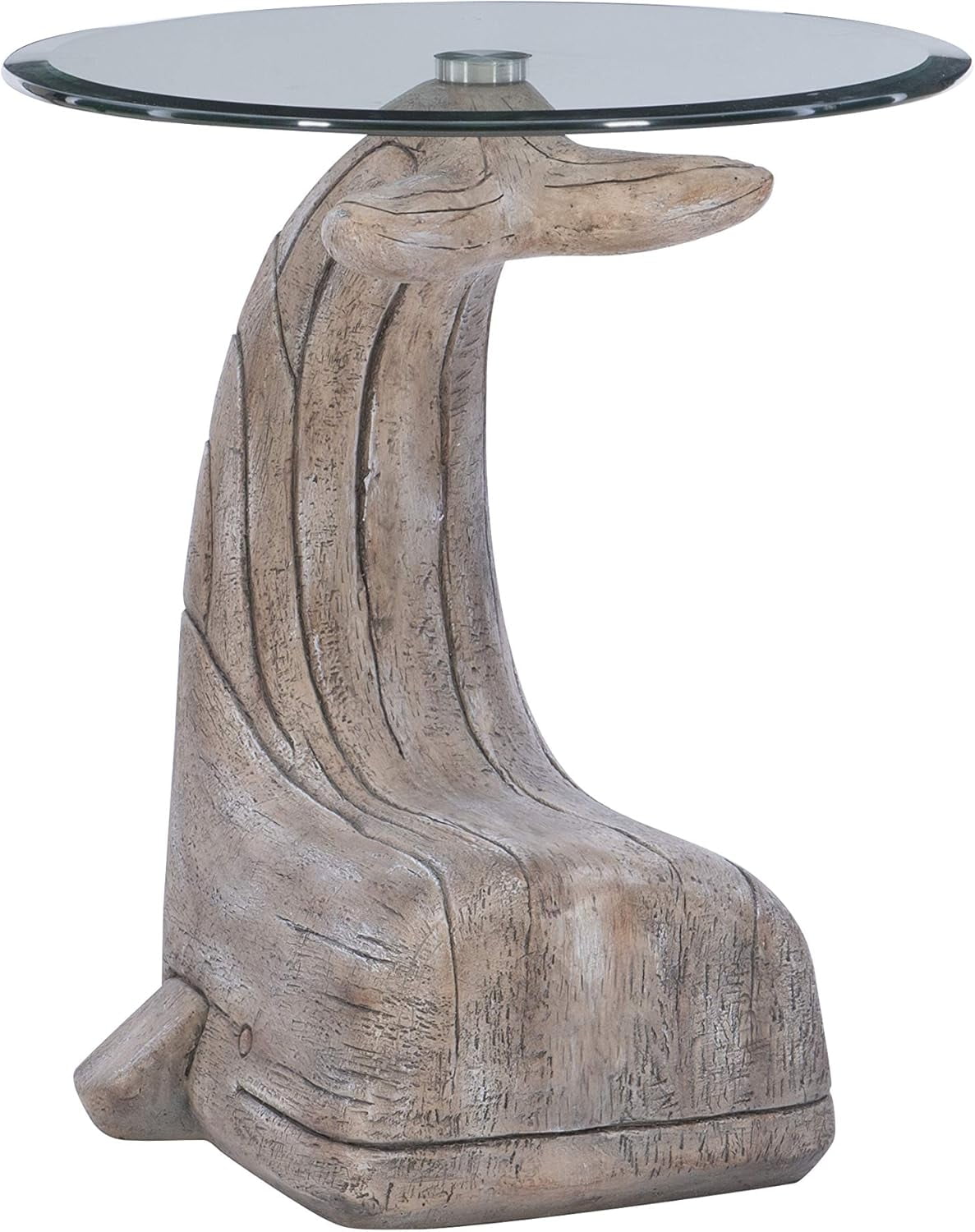 Rustic Driftwood Whale Sculpture Glass Top Side Table