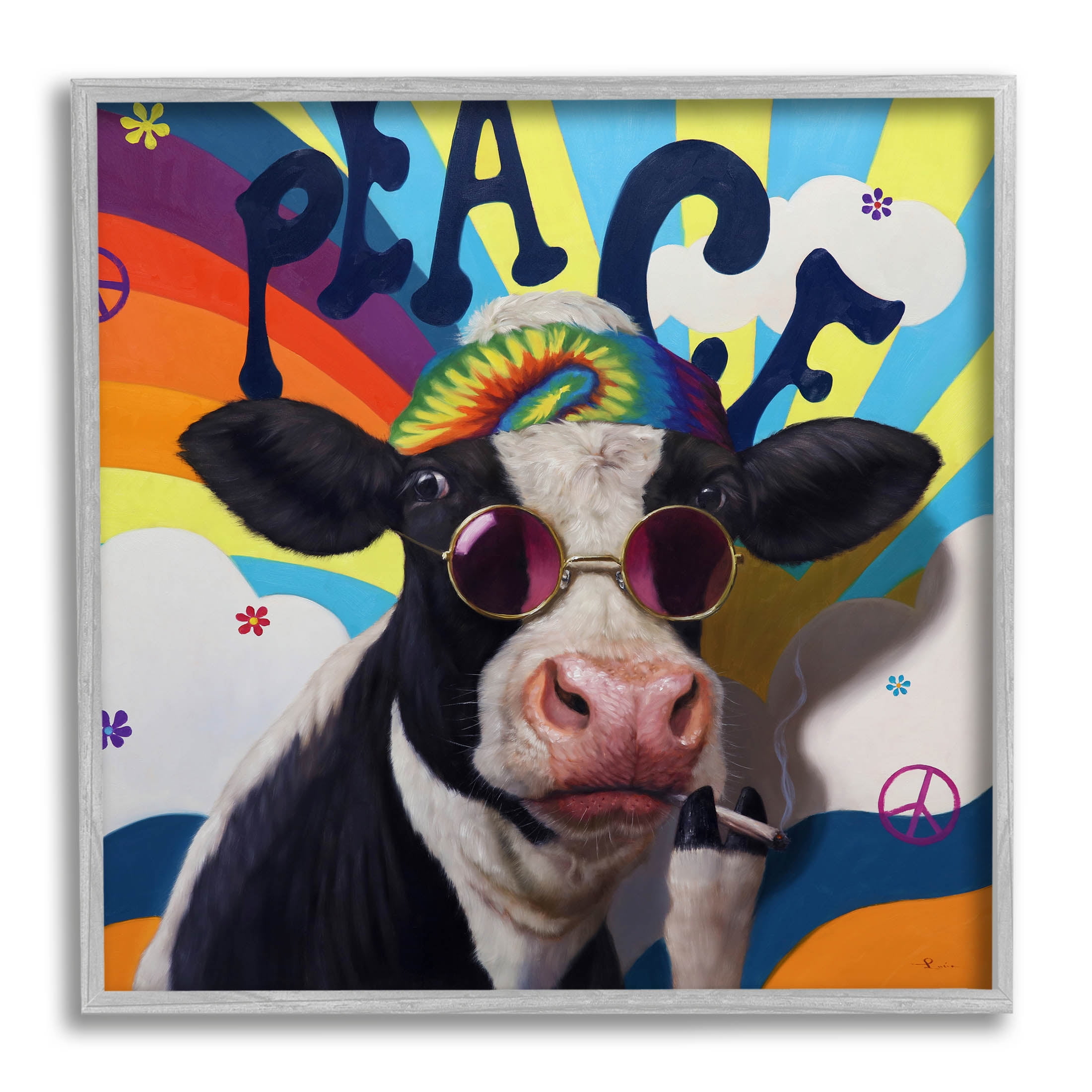 Peace 70s Hippie Cow Animals & Insects Painting Gray Framed Art Print Wall Art