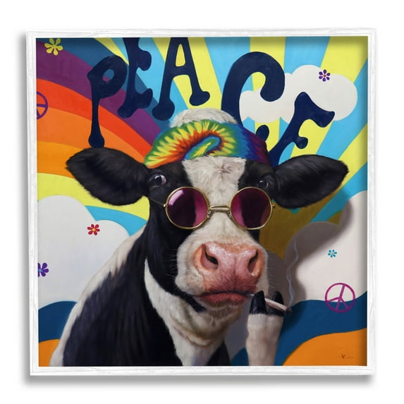 Peace 70s Hippie Cow Animals & Insects Painting White Framed Art Print Wall Art