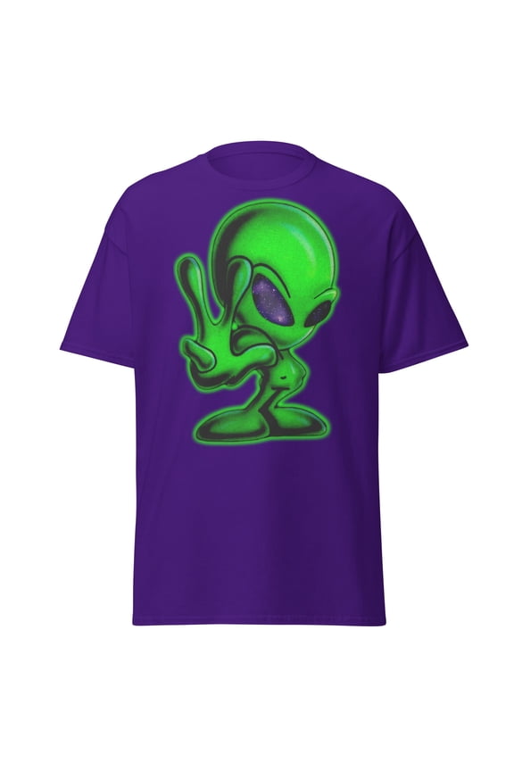 Peace Alien Graphic T-Shirt - Retro Green Alien with Peace Sign, Unisex Gildan 5000 Cotton Tee, Sizes S–3XL