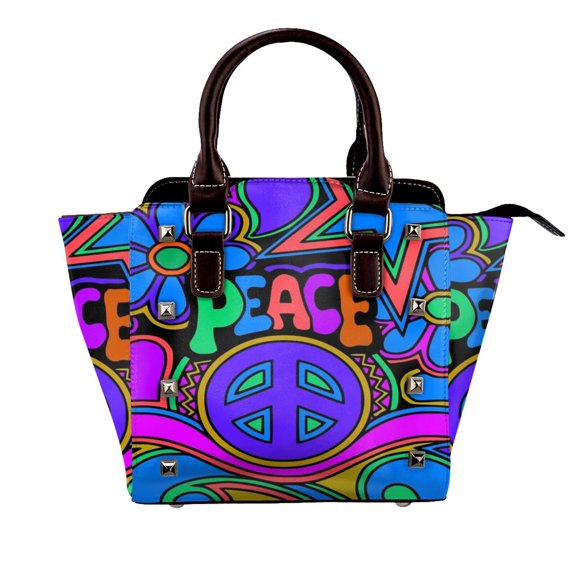 Peace And Love Flowers And Stars Hippie Design Rivet Fashion One-Shoulder Women's Handbag Tote Bag