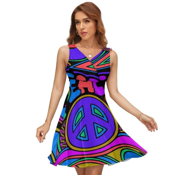 Peace And Love Flowers And Stars Hippie Design Sleeveless Dress Women Summer Evening Dresses Ladies Sundress