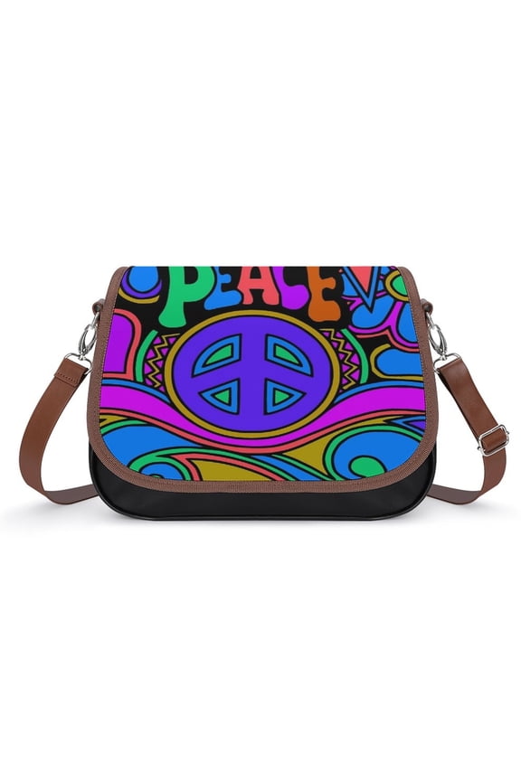 Peace And Love Flowers And Stars Hippie Design Vintage Crossbody Bag for Women Medium Leather Hobo Bags Shoulder Bag Classic City Leather Satchels