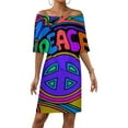 thumbnail image 1 of Peace And Love Flowers And Stars Hippie Design Women's Off The Shoulder Ruffles Summer Wedding Guest Loose Casual Party Beach Dress, 1 of 9