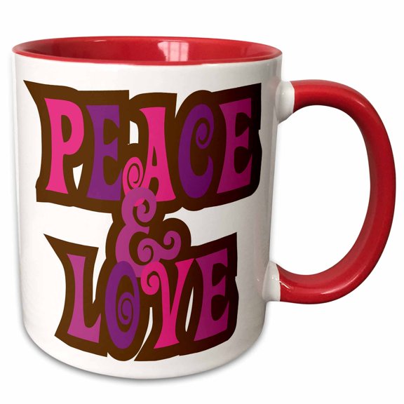 3drose, Peace and Love Words in Pink and Purple, 11oz Two-tone Red Mug