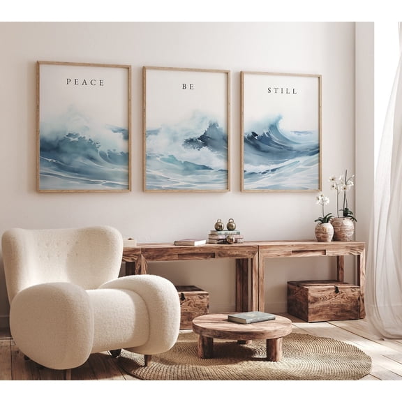 Peace Be Still Wave Print Calming Christian Wall Decor Set 3 Unframed Paper Print 12x18