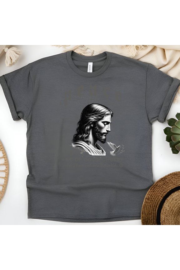 Peace – Be of Good Cheer T-Shirt – John 16:33 Jesus and Dove, Dark Heather, Size M