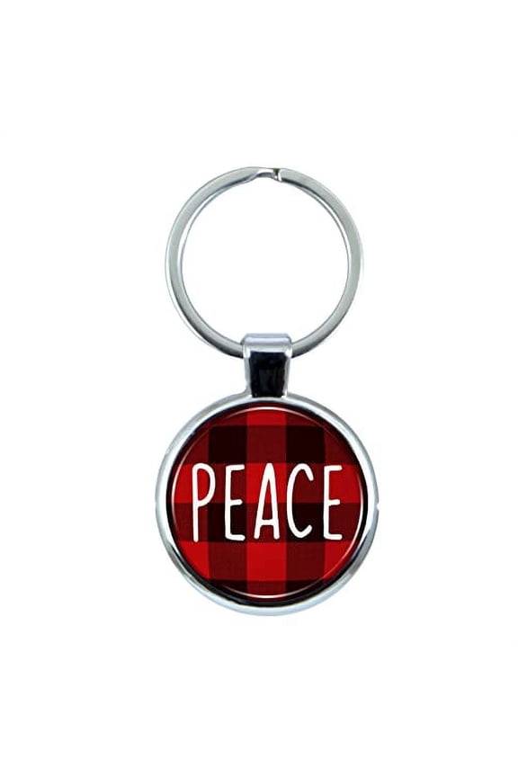 Peace Christmas Red Plaid Pocelain Keychain with Epoxy Dome and Metal Keyring