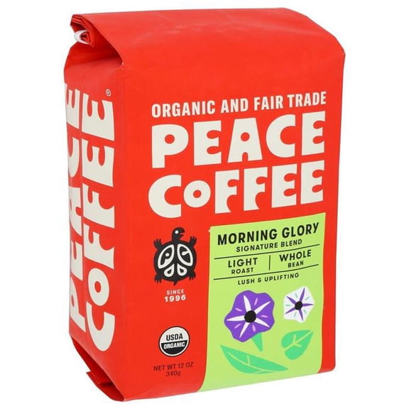 Peace Coffee 2203994 Organic Fair Trade Morning Glory Light Roast Whole Bean Coffee, 12 oz