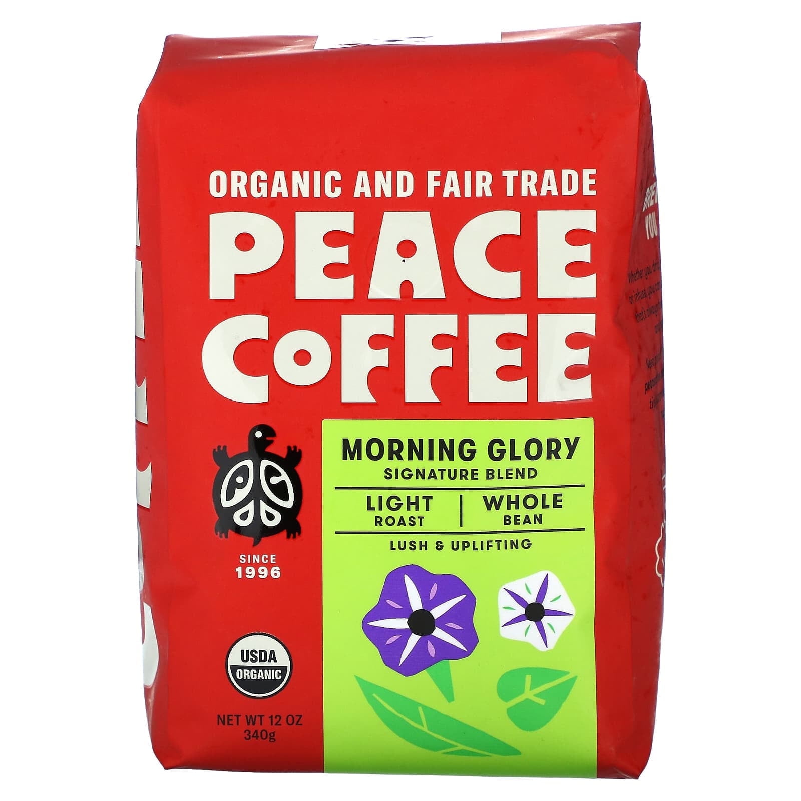 Peace Coffee, Organic Morning Glory, Signature Blend, Whole Bean, Light Roast, 12 oz (340 g) Pack of 2