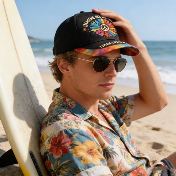 Peace Concept Floral Baseball Cap, Colorful Flower Printed Polyester Adjustable Hat, Unisex Breathable Sun Protection Cap for Daily Outdoor Casual Wear Black (B)