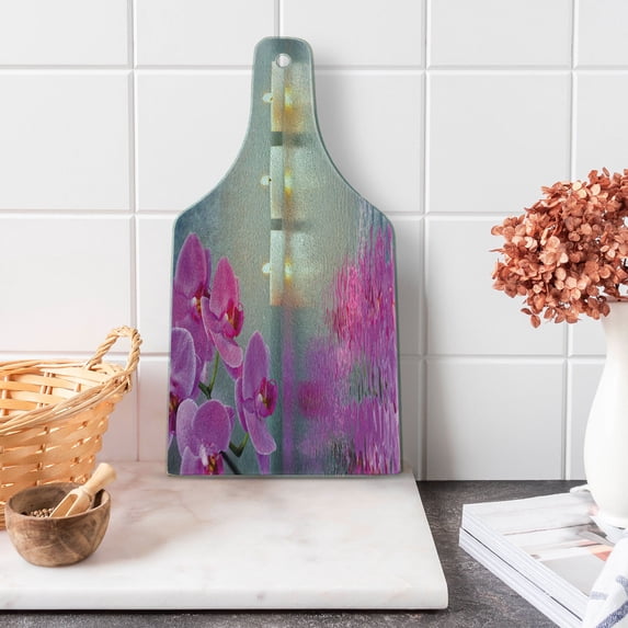 Peace Cutting Board, Japanese Candle Relaxing Environment Cherry Blossoms Inspirations Image, Decorative Tempered Glass Cutting and Serving Board, Wine Bottle Shape, Lavender Pink Blue, by Ambesonne