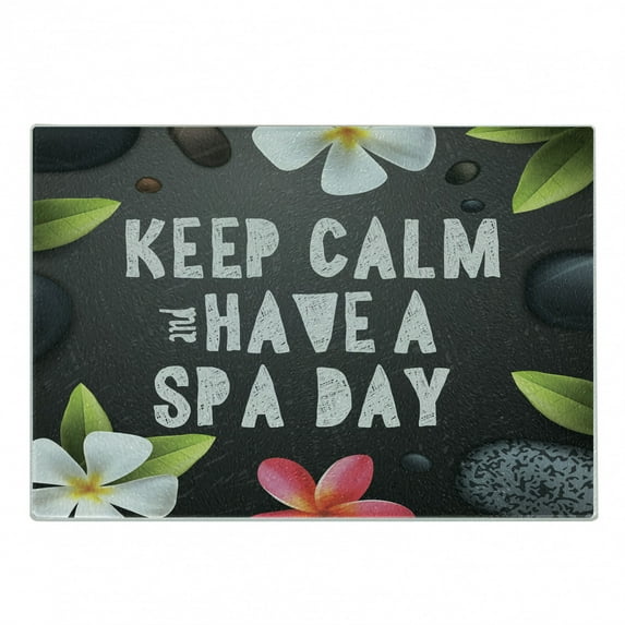 Peace Cutting Board, Keep Calm Have a Spa Day Words Healthcare and Beauty Treatment Graphic Stones Flowers, Decorative Tempered Glass Cutting and Serving Board, Small Size, Multicolor, by Ambesonne