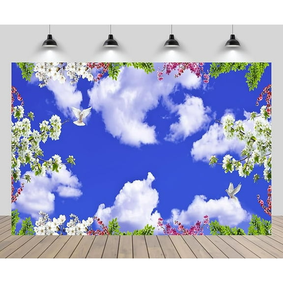 Peace Dove Backdrop Heaven Holy Spirit Bird Jesus Christ Blue Sky White Clouds Blooming Flowers Love and Peace Spring Flowers Background Church Event Theme Decor Christian Photo Props