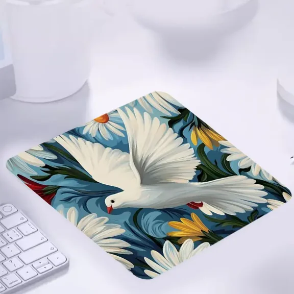 Peace Dove Floral Mouse Pad, 9.44" x 7.87" Non-Slip Rubber Base Mousepad with Artistic Bird & Daisy Design for Office, Gaming, Home Desk Decor