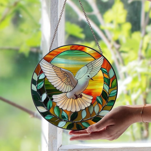 Peace Dove Glass Suncatcher, Symbolic Spiritual Bird Decor, 6.3 in