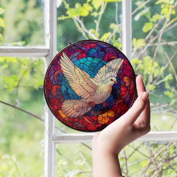 Peace Dove Glass Suncatcher v3, Symbolic Bird Spiritual Art, Church Memorial Decor, 3.5 in