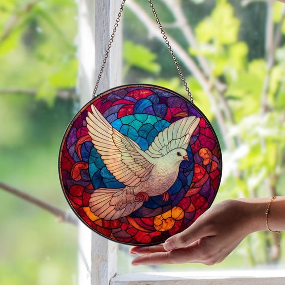 Peace Dove Glass Window Suncatcher, Symbolic Spiritual Bird Art, 6.3 in