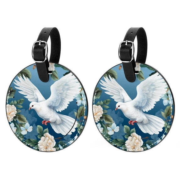 Peace Dove Set of 2pcs PU Leather Round Suitcase Tags with Privacy Cover and Name ID Tag - Ideal for Travel Luggage, Handbags, Backpacks, School Bags
