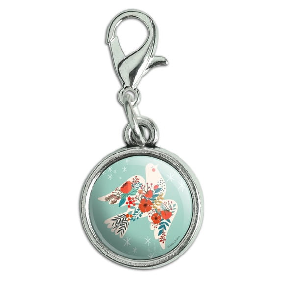 Peace Dove at Christmas Antiqued Bracelet Pendant Zipper Pull Charm with Lobster Clasp