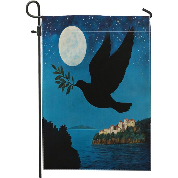 Peace Doves with Olive Garden Flags 12x18 Inch Double Sided for Outside, Stars Night Moon Standard Burlap Lawn Flags, Birds Backyard Small House Flags Outdoor Decor