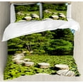 thumbnail image 1 of Peace Duvet Cover Set, Stone Path in Japanese Garden Lake with Lotus Leaves Nature Scenery, Decorative 3 Piece Bedding Set with 2 Pillow Shams, Calking Size, Lime Green Sky Blue, by Ambesonne, 1 of 3