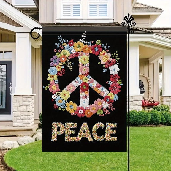 Peace Floral Garden Flag 12x18 Inch Double Sided Outdoor Yard Banner With Embroidered Flower Peace Symbol for Boho Porch Patio Lawn Spring Summer Decoration