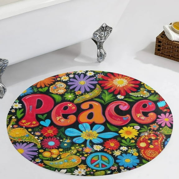 Peace Floral Hippie Art Round Area Rugs for Bedroom Living Room, 3FT Soft Comfy Indoor Circle Carpets, Carpet Home Decor Floor Mat