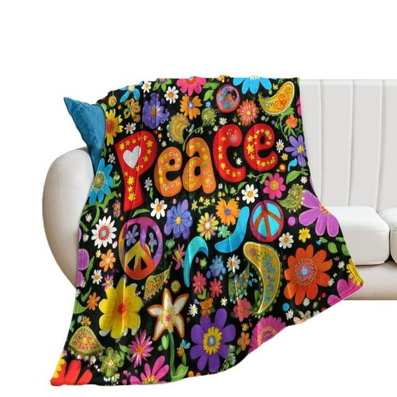 Peace Floral Hippie Pattern Blanket Soft Throw Warm Lightweight Plush Blanket for Couch Bed Sofa